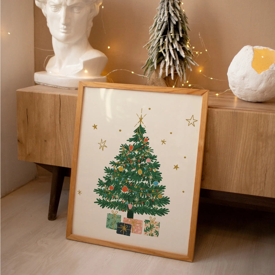 Weihnachtsbaum-Wandbild – Handgezeichneter Weihnachtskiefer mit Geschenken
