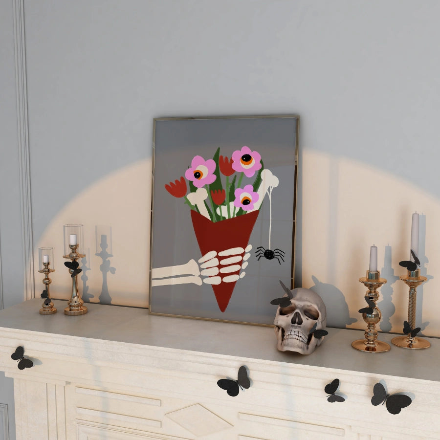Skeleton Bouquet Halloween Print – Spooky Floral Wall Art