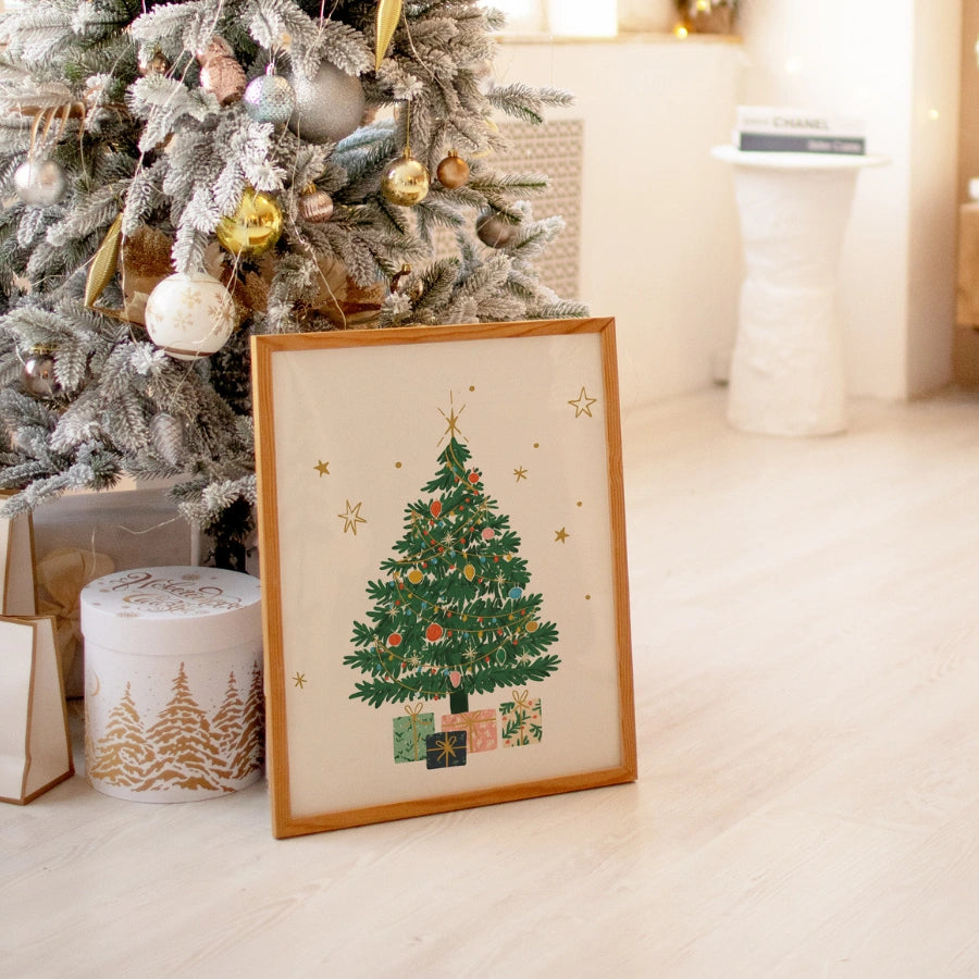 Weihnachtsbaum-Wandbild – Handgezeichneter Weihnachtskiefer mit Geschenken