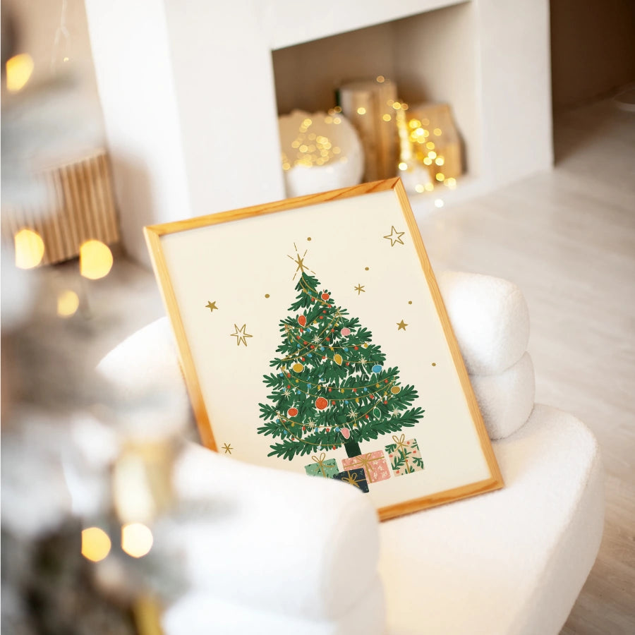 Weihnachtsbaum-Wandbild – Handgezeichneter Weihnachtskiefer mit Geschenken
