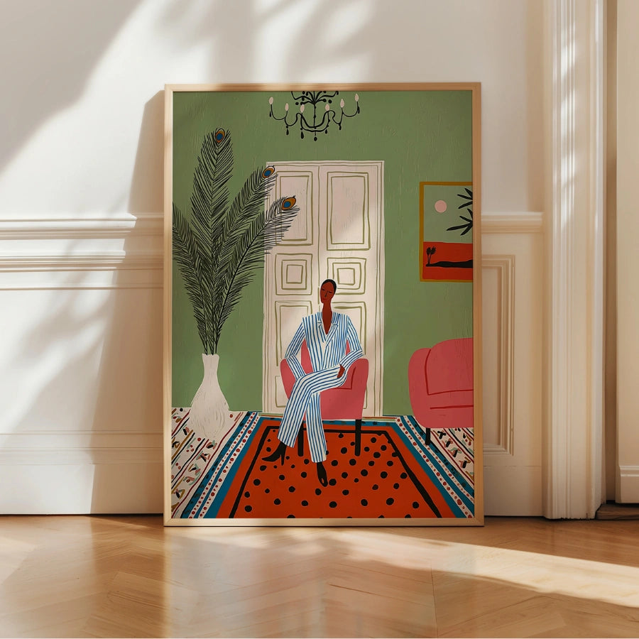 Chic Lounge Boho Wall Art – Scena d'interni moderna 