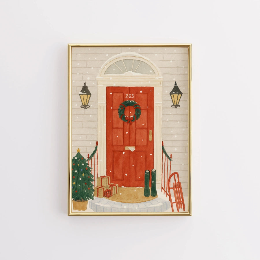Red Door Christmas Wall Art – Hand-Drawn Holiday Porch Print