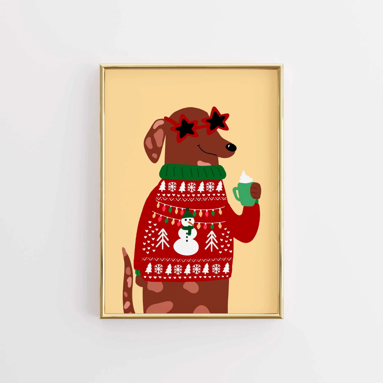 Christmas Dog Poster with Sweater and Cocoa