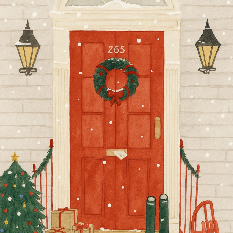 Red Door Christmas Wall Art – Hand-Drawn Holiday Porch Print