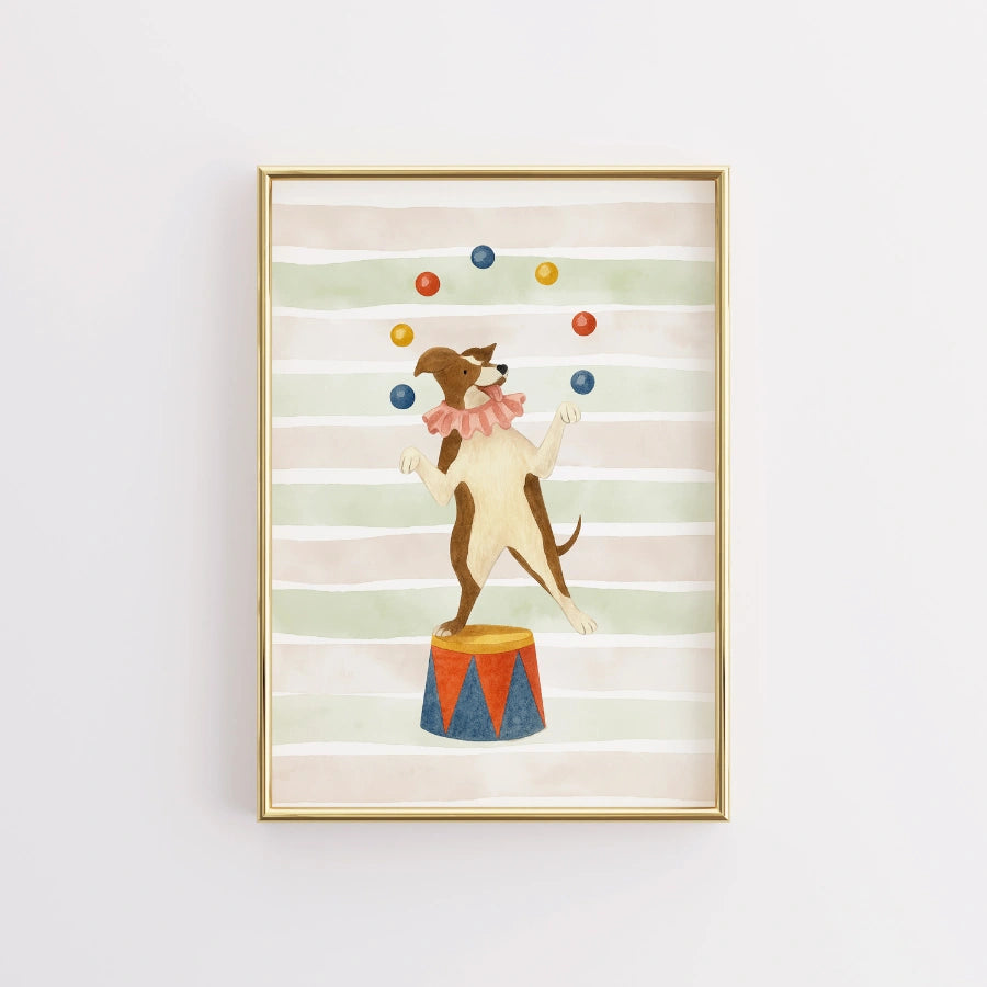 Circus Dog Nursery Print - Cute Juggler Wall Art for Kids