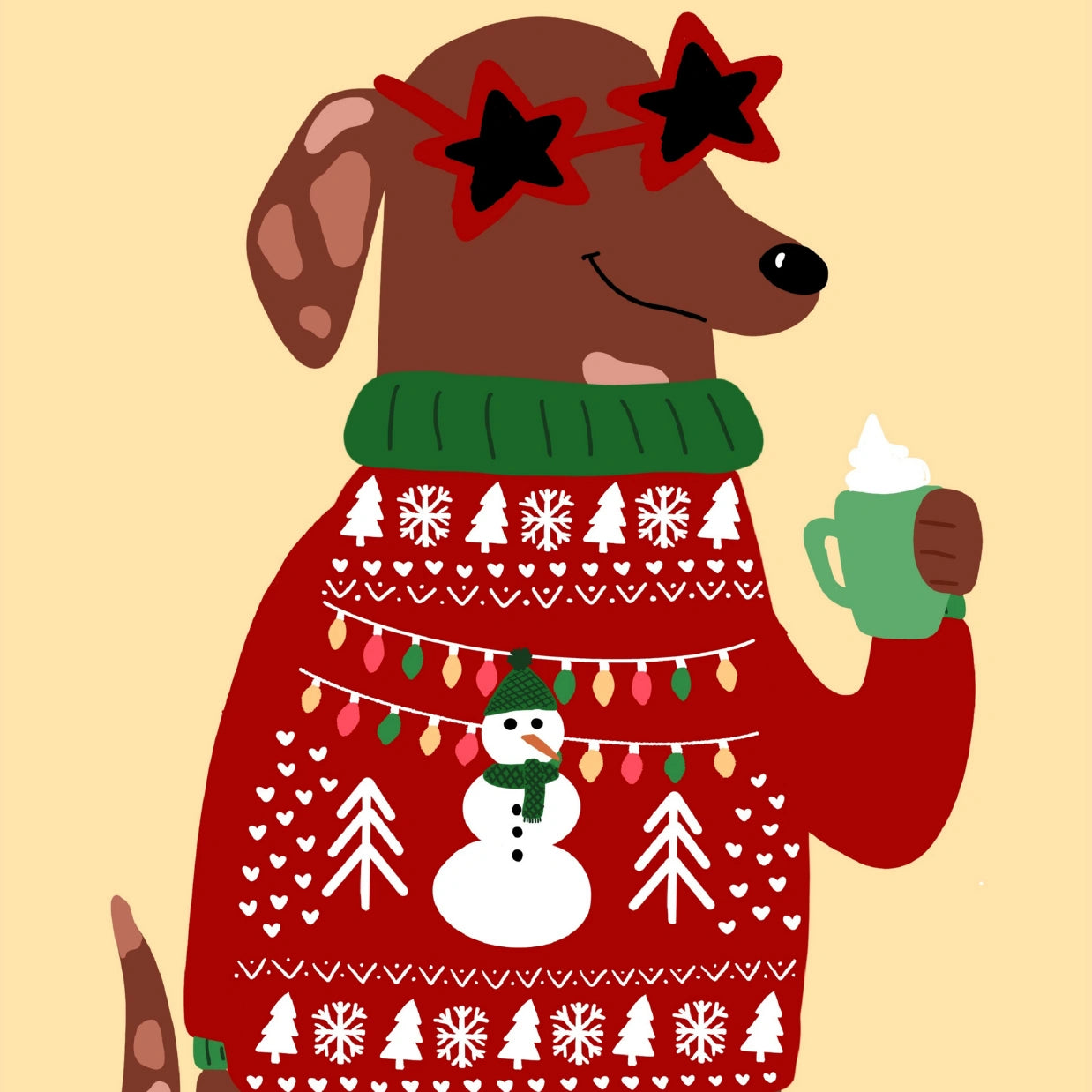 Christmas Dog Poster with Sweater and Cocoa