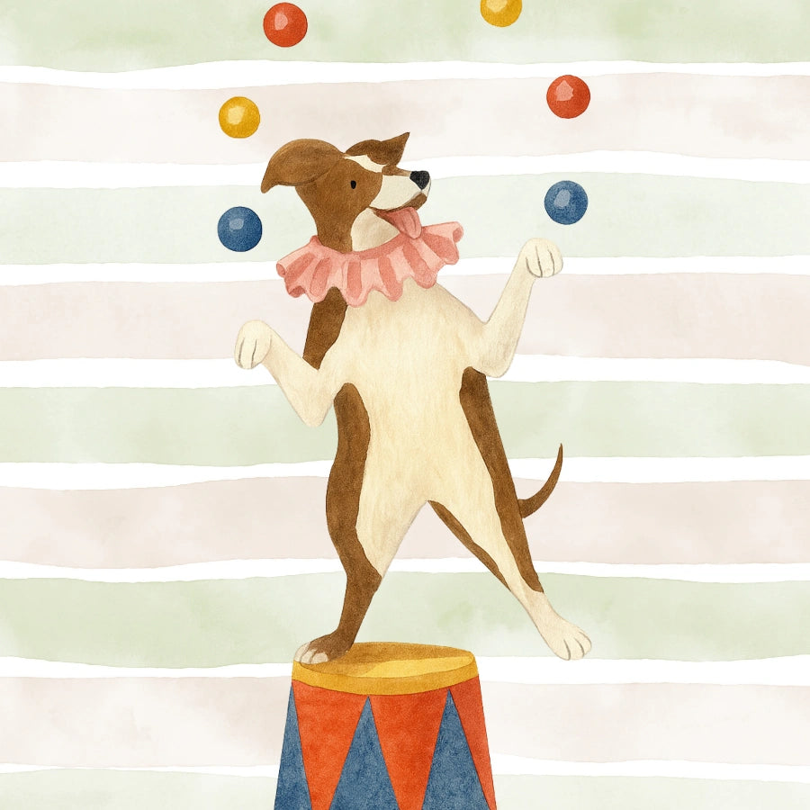 Circus Dog Nursery Print - Cute Juggler Wall Art for Kids
