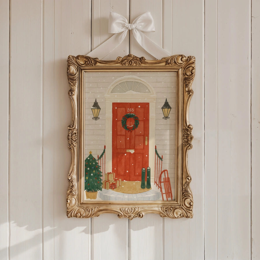 Red Door Christmas Wall Art – Hand-Drawn Holiday Porch Print
