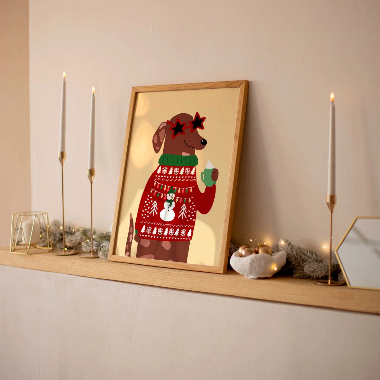 Christmas Dog Poster with Sweater and Cocoa