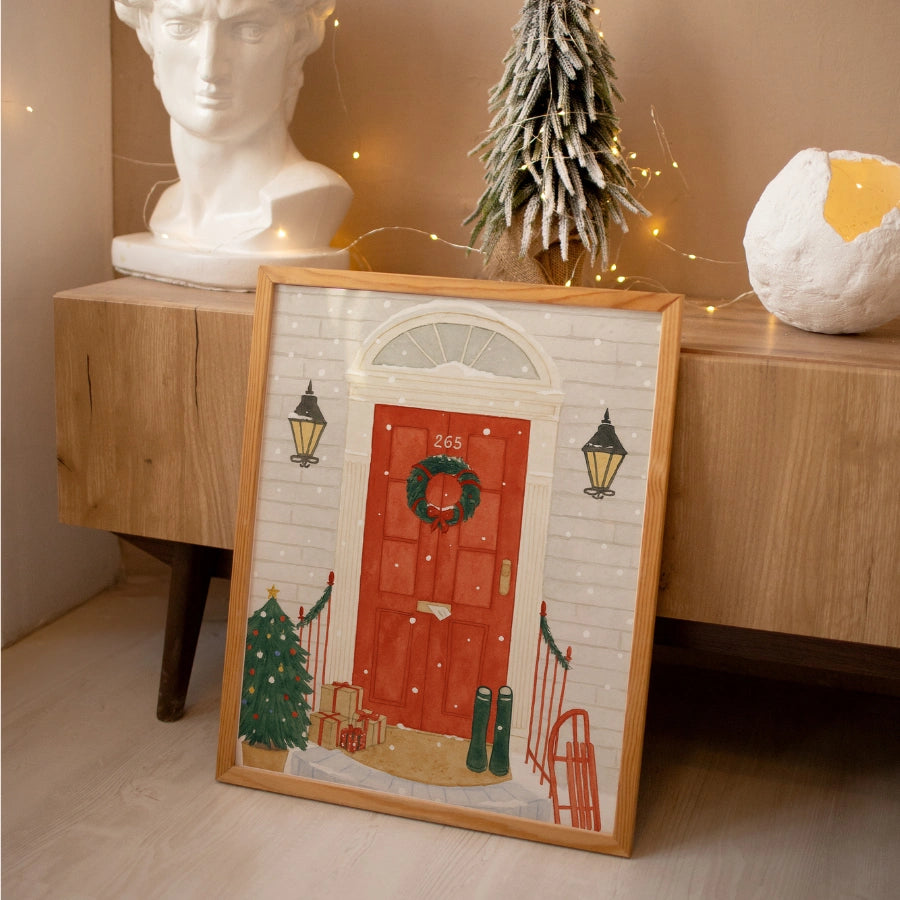 Red Door Christmas Wall Art – Hand-Drawn Holiday Porch Print