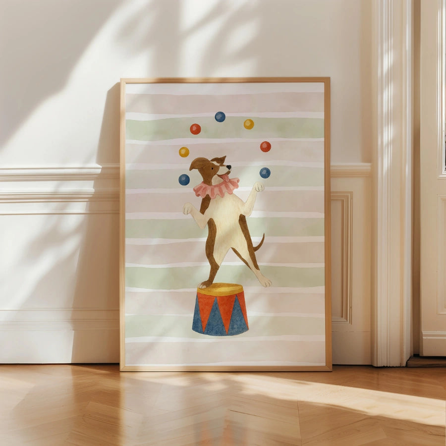 Circus Dog Nursery Print - Cute Juggler Wall Art for Kids