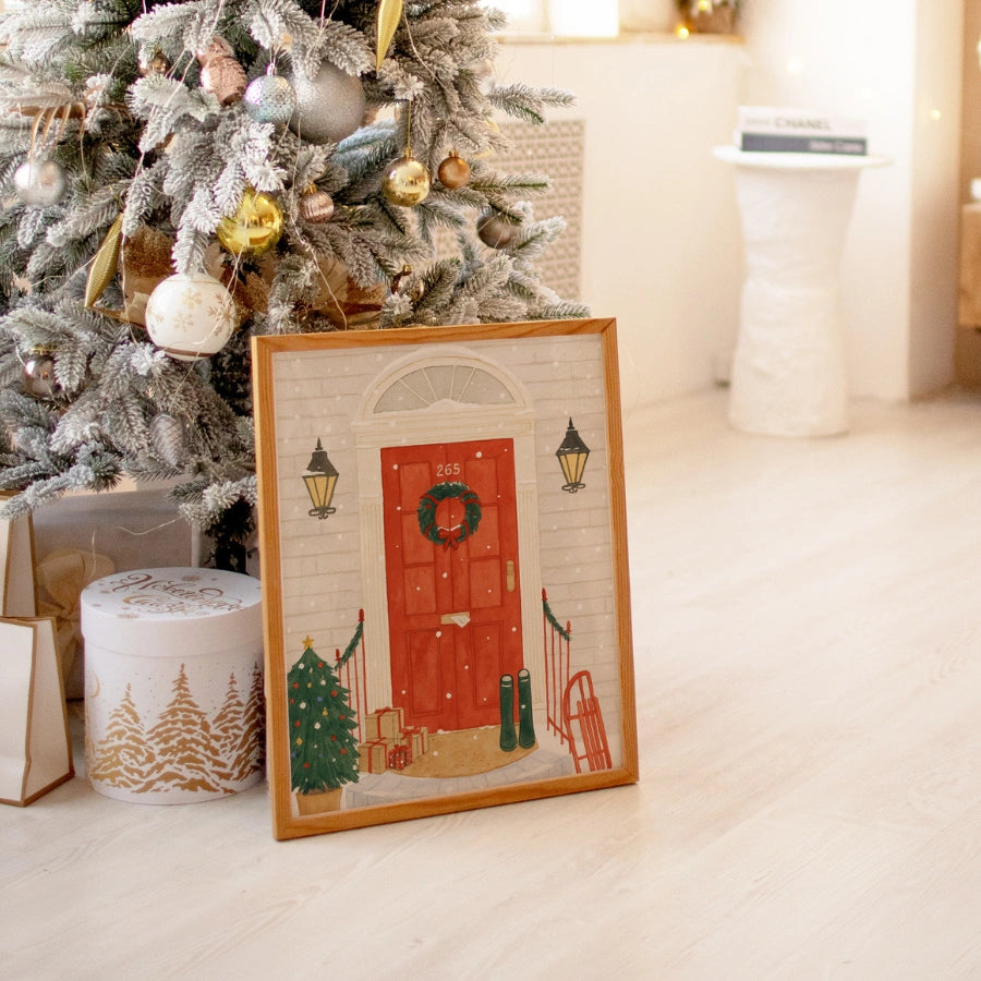 Red Door Christmas Wall Art – Hand-Drawn Holiday Porch Print