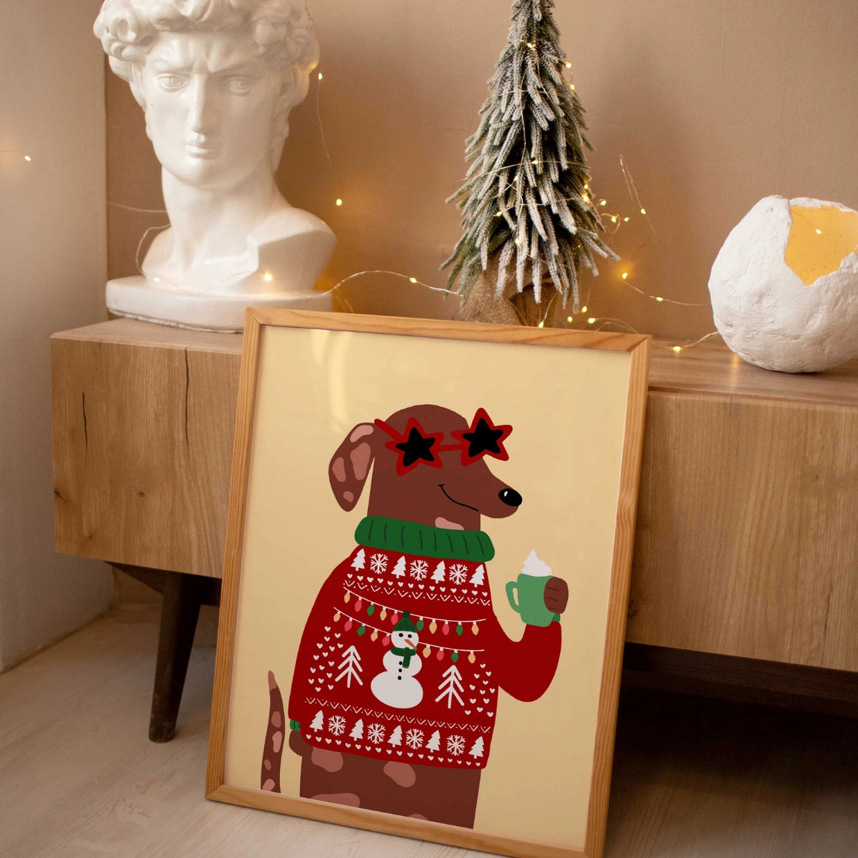 Christmas Dog Poster with Sweater and Cocoa