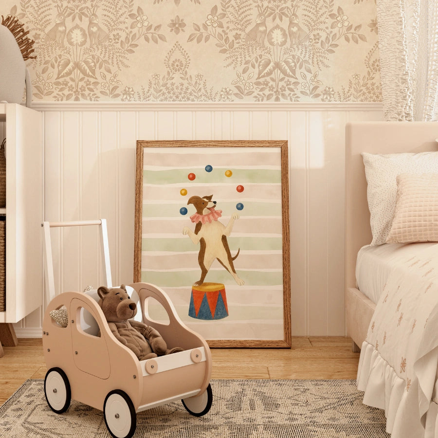 Circus Dog Nursery Print - Cute Juggler Wall Art for Kids