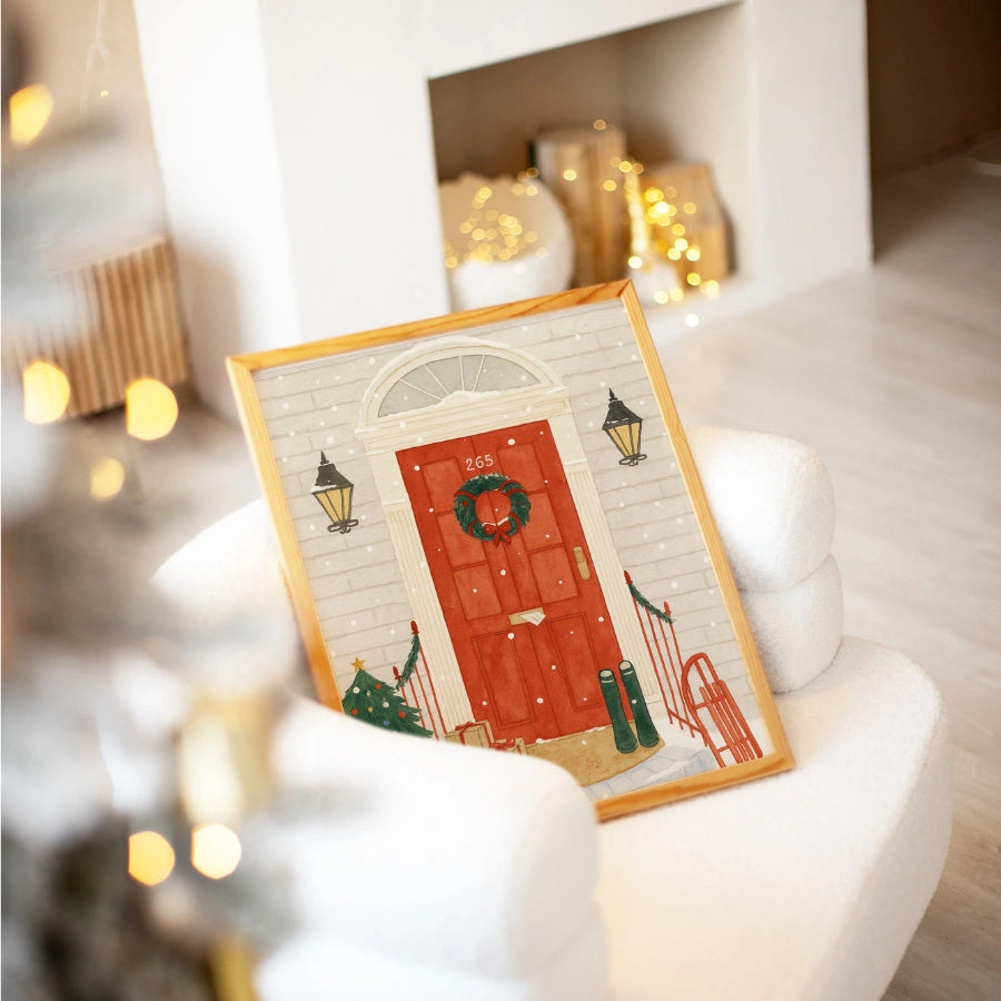 Red Door Christmas Wall Art – Hand-Drawn Holiday Porch Print