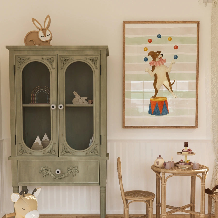 Circus Dog Nursery Print - Cute Juggler Wall Art for Kids
