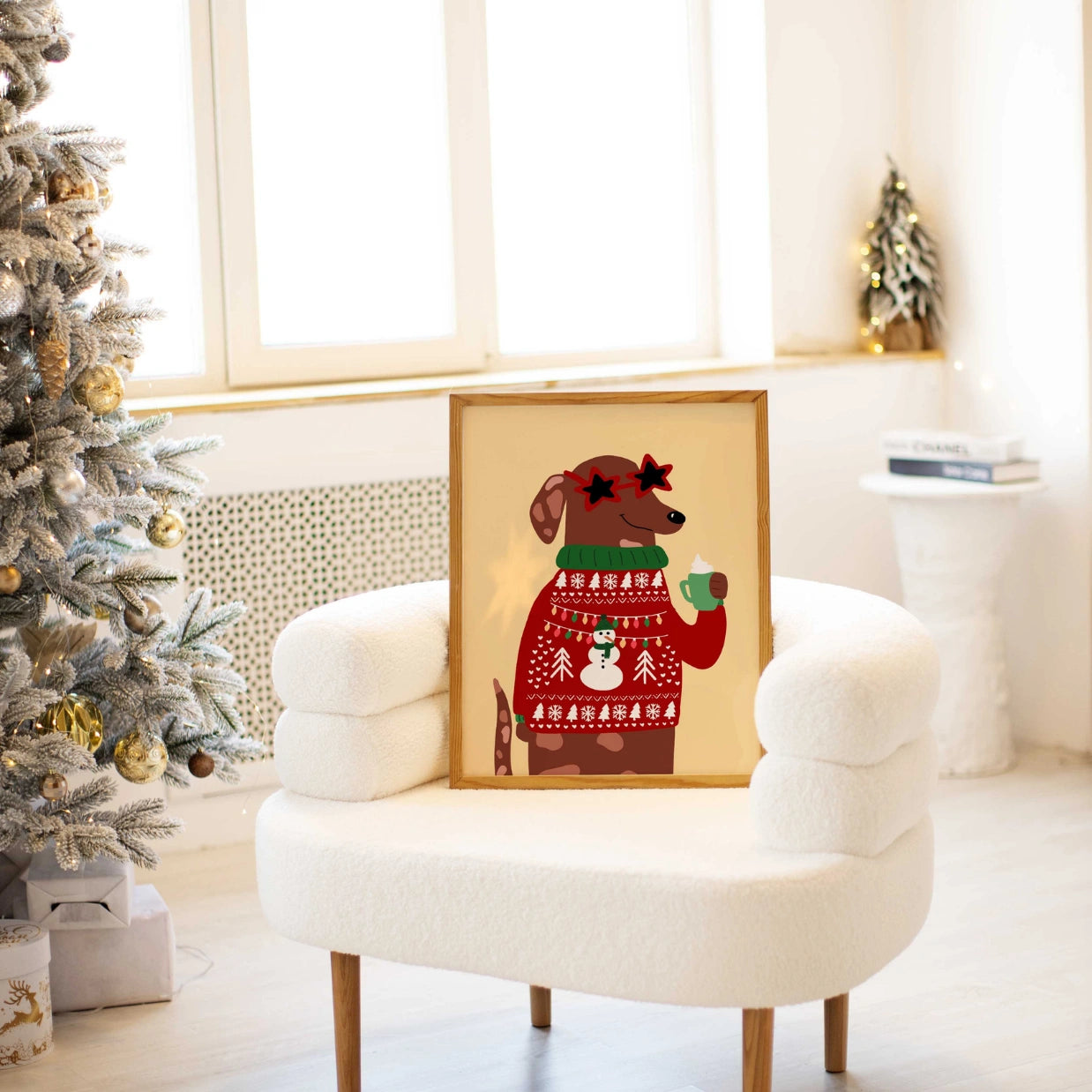 Christmas Dog Poster with Sweater and Cocoa