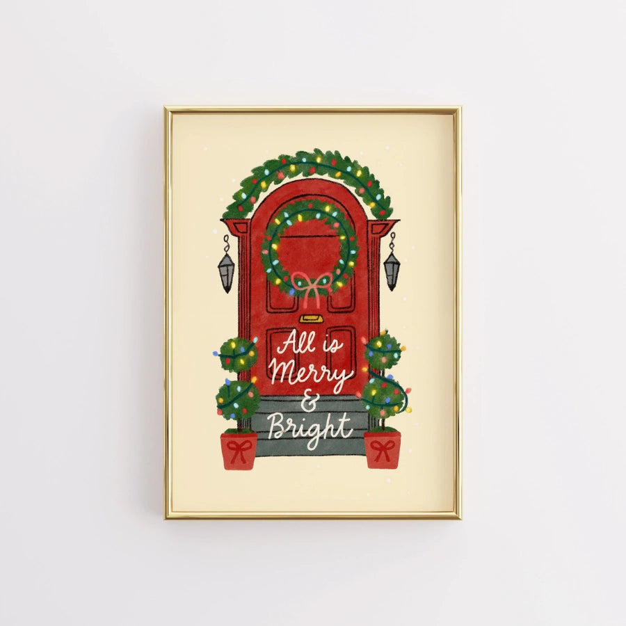 Christmas Door Wall Art - Merry and Bright Holiday Print