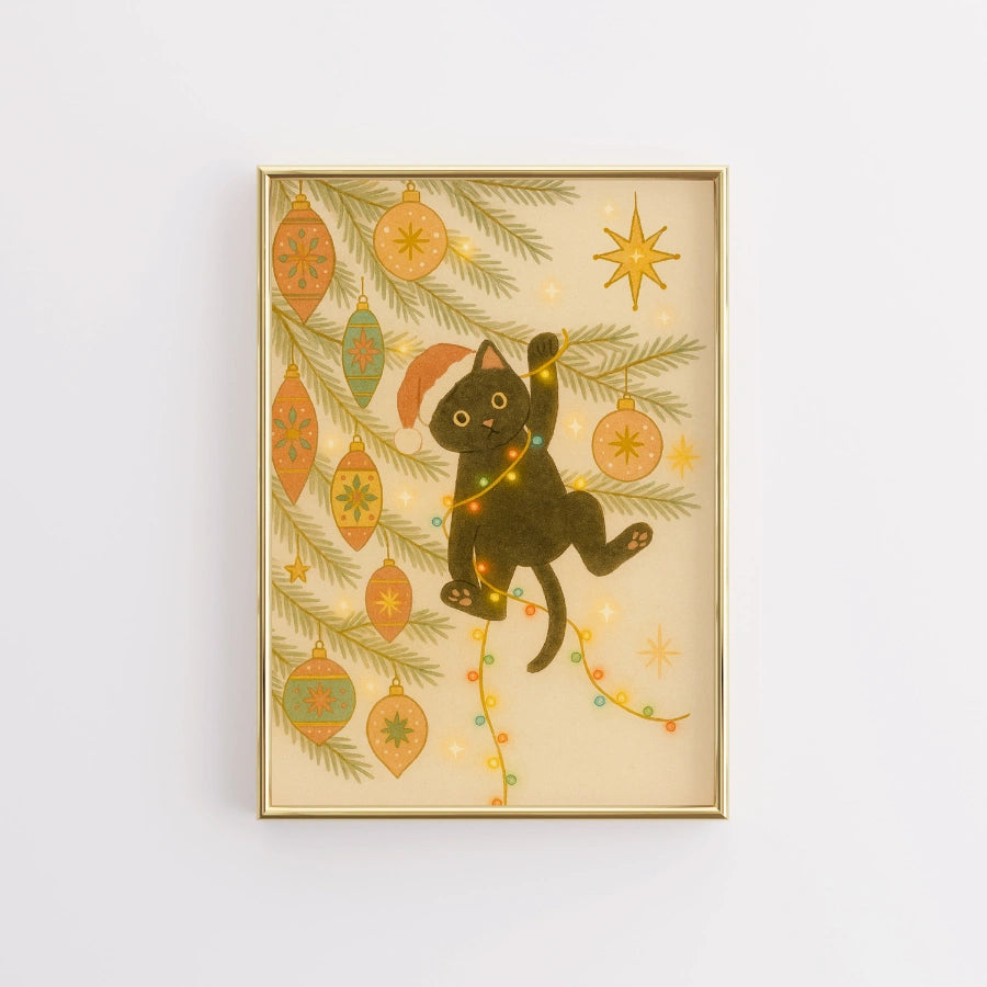 Christmas Cat Wall Art – Funny Black Cat in Tree Print
