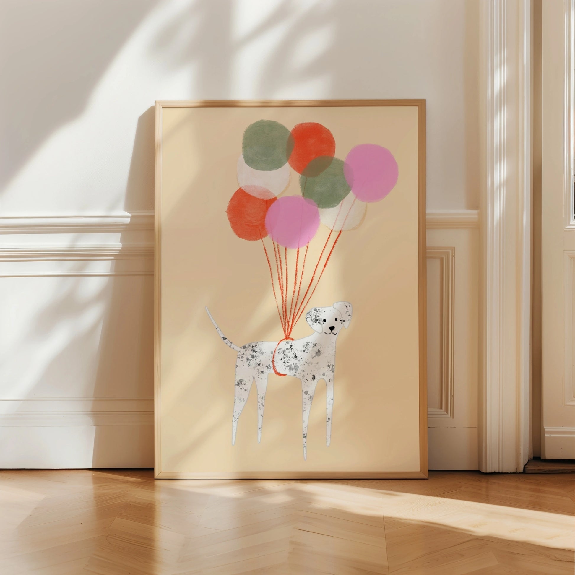 Floating Dog Wall Art – Balloon Nursery Print for Kids Room Decor