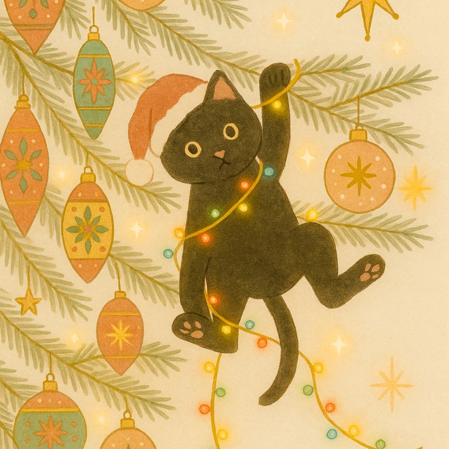 Christmas Cat Wall Art – Funny Black Cat in Tree Print