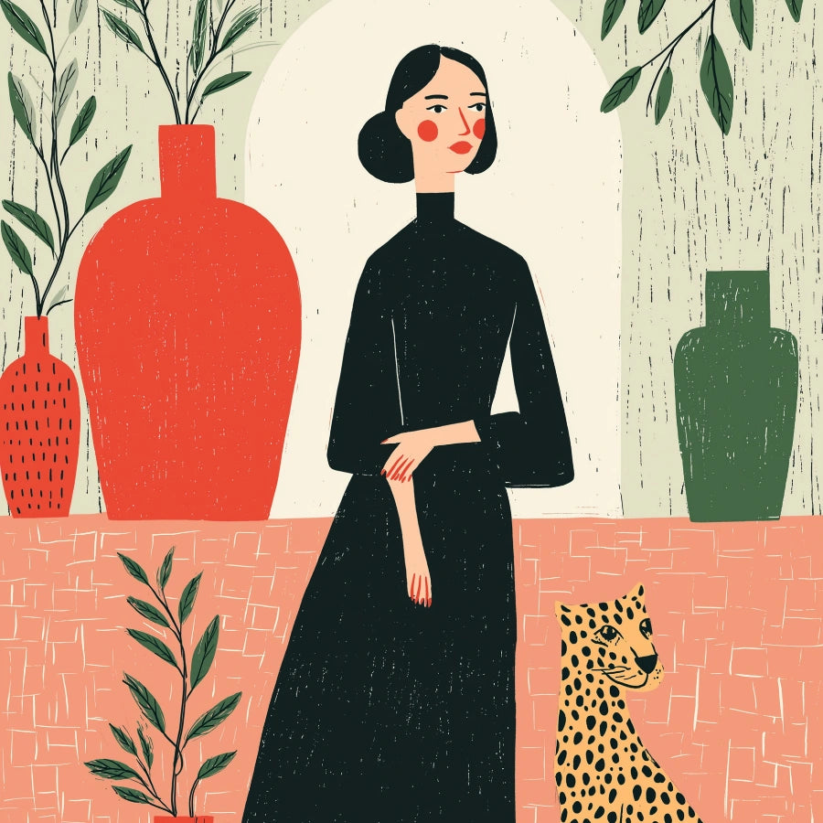 Elegante decorazione murale Boho da compagnia: scena stilizzata con donna e ghepardo 