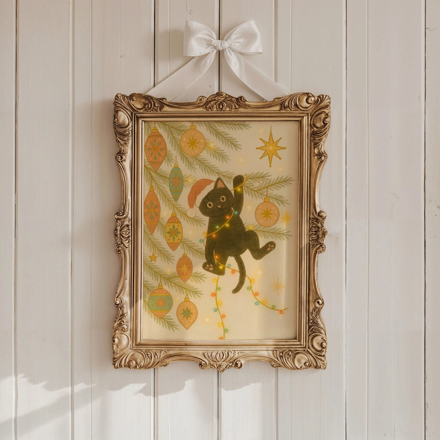 Christmas Cat Wall Art – Funny Black Cat in Tree Print