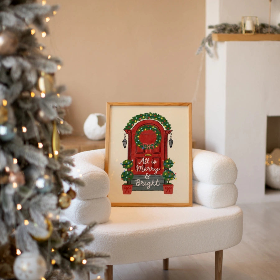 Christmas Door Wall Art - Merry and Bright Holiday Print