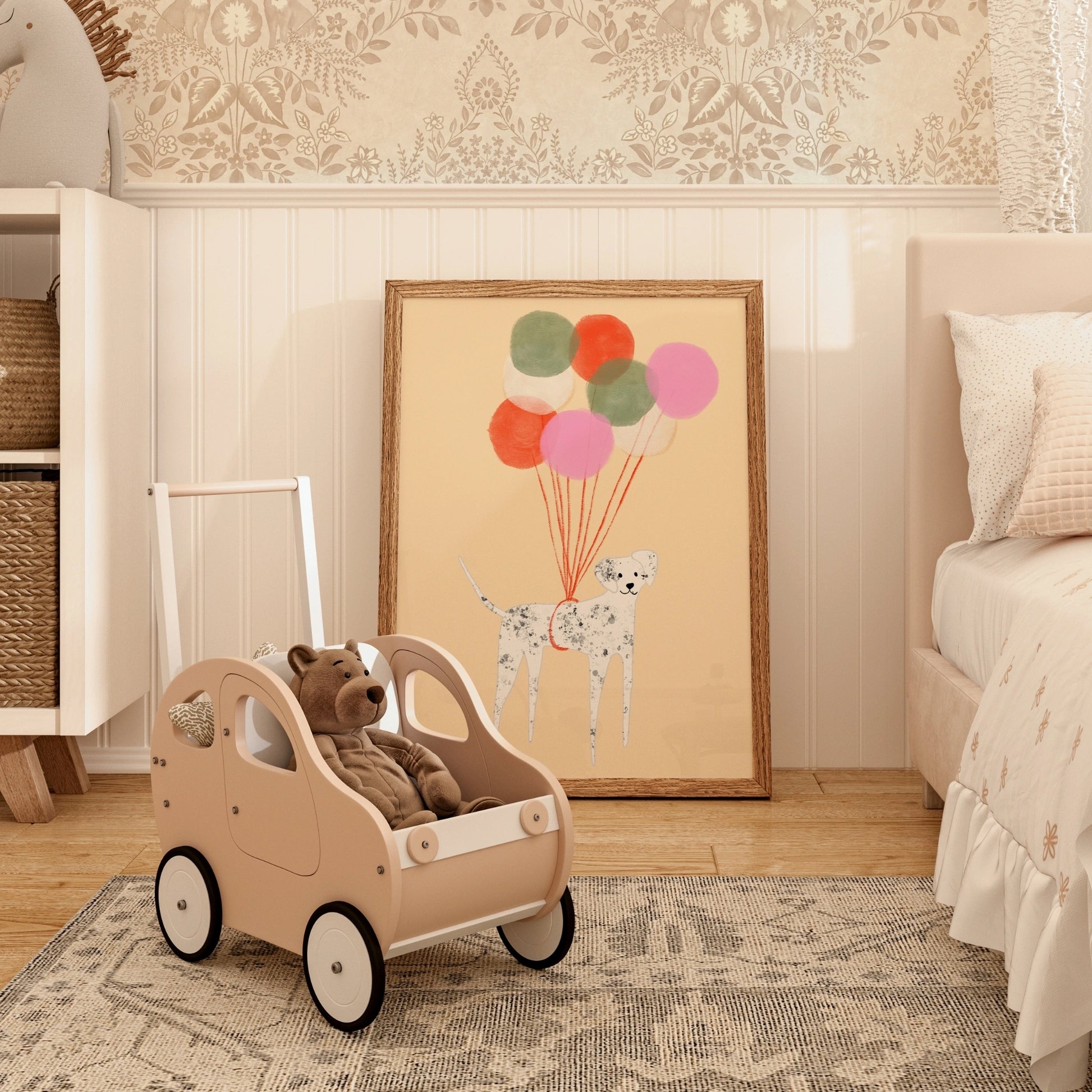 Floating Dog Wall Art – Balloon Nursery Print for Kids Room Decor