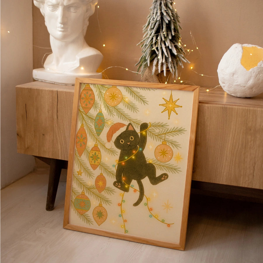 Christmas Cat Wall Art – Funny Black Cat in Tree Print
