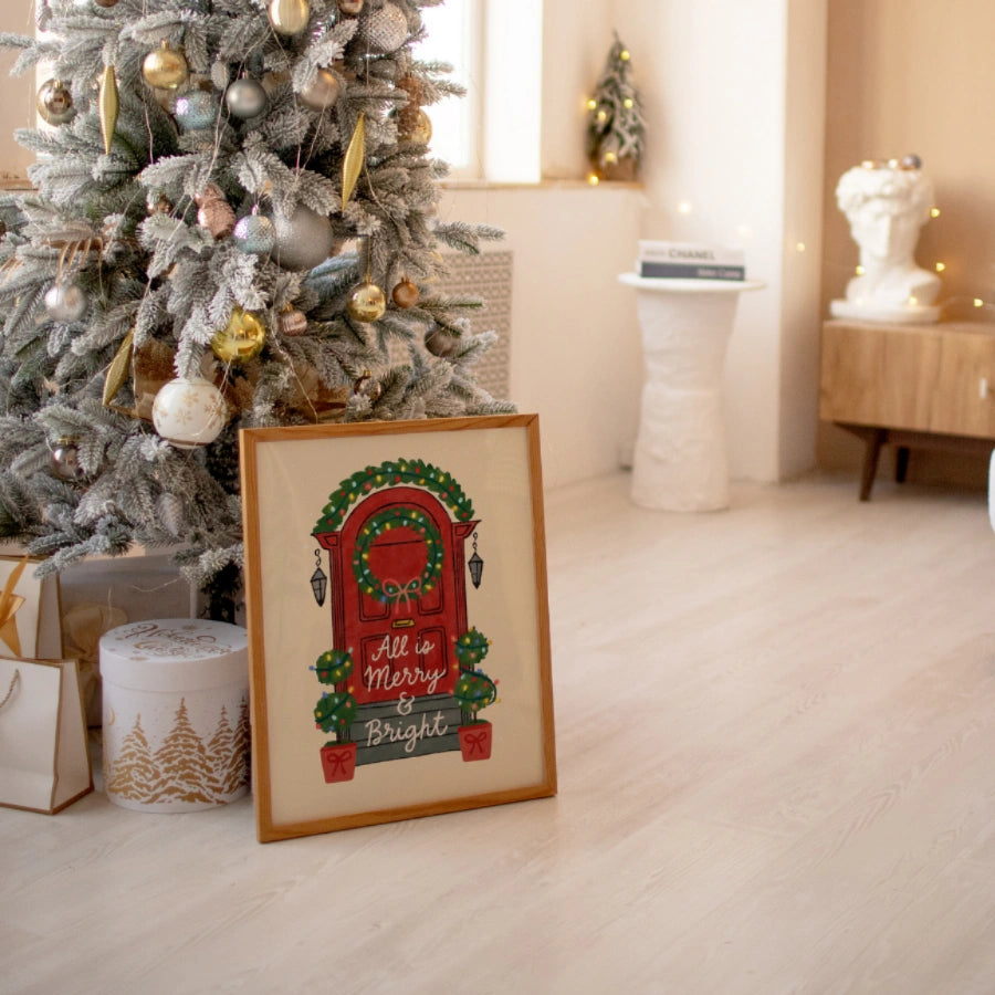 Christmas Door Wall Art - Merry and Bright Holiday Print