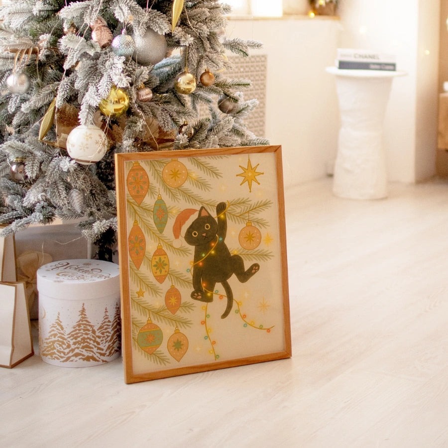 Christmas Cat Wall Art – Funny Black Cat in Tree Print