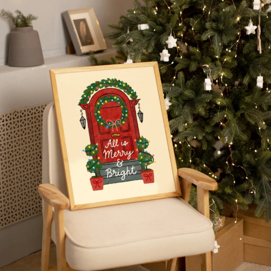 Christmas Door Wall Art - Merry and Bright Holiday Print