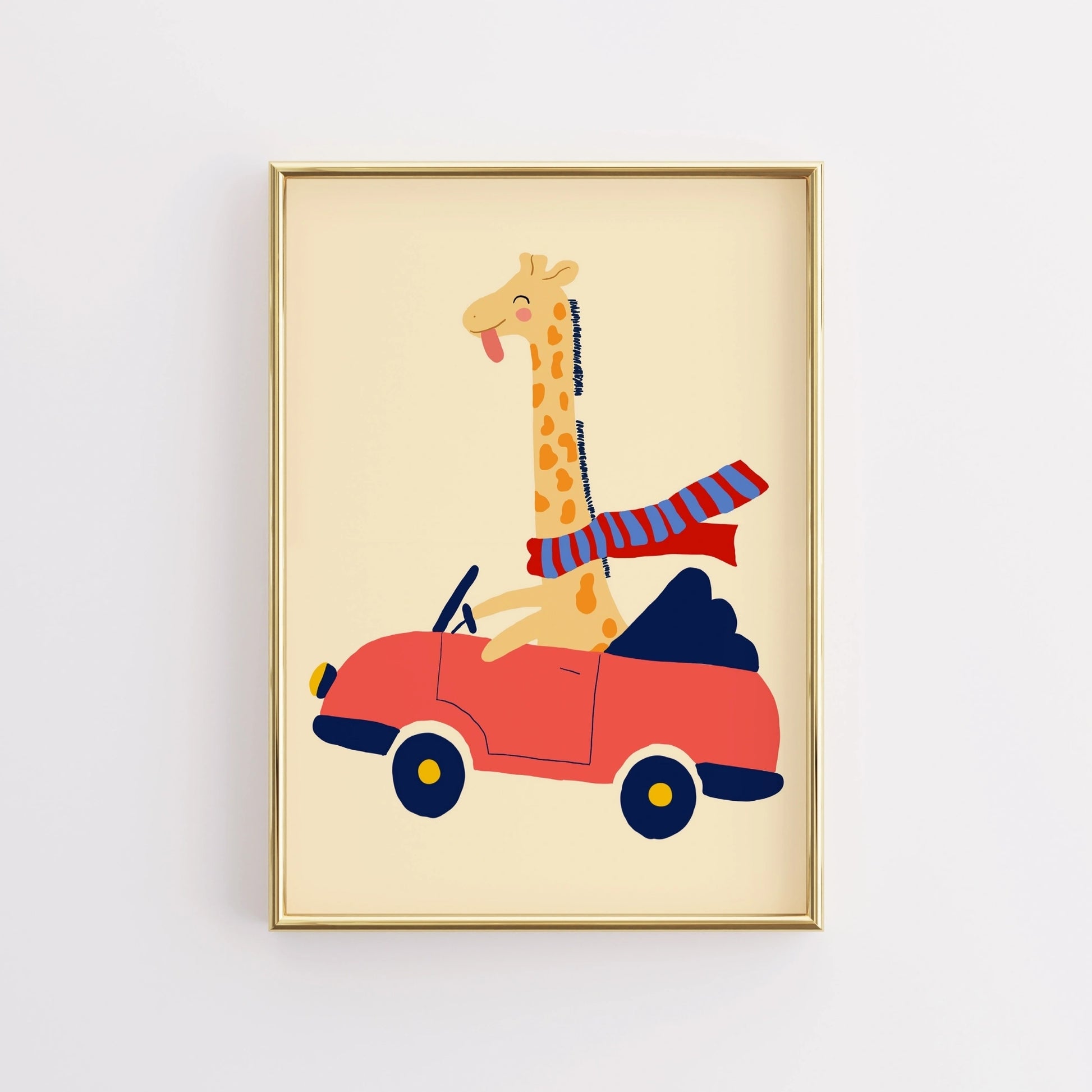 Driving Giraffe Nursery Wall Art – Playful Animal Print for Kids Room