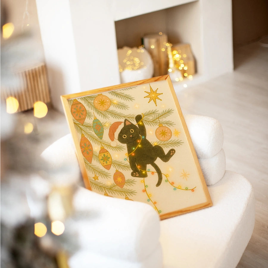 Christmas Cat Wall Art – Funny Black Cat in Tree Print