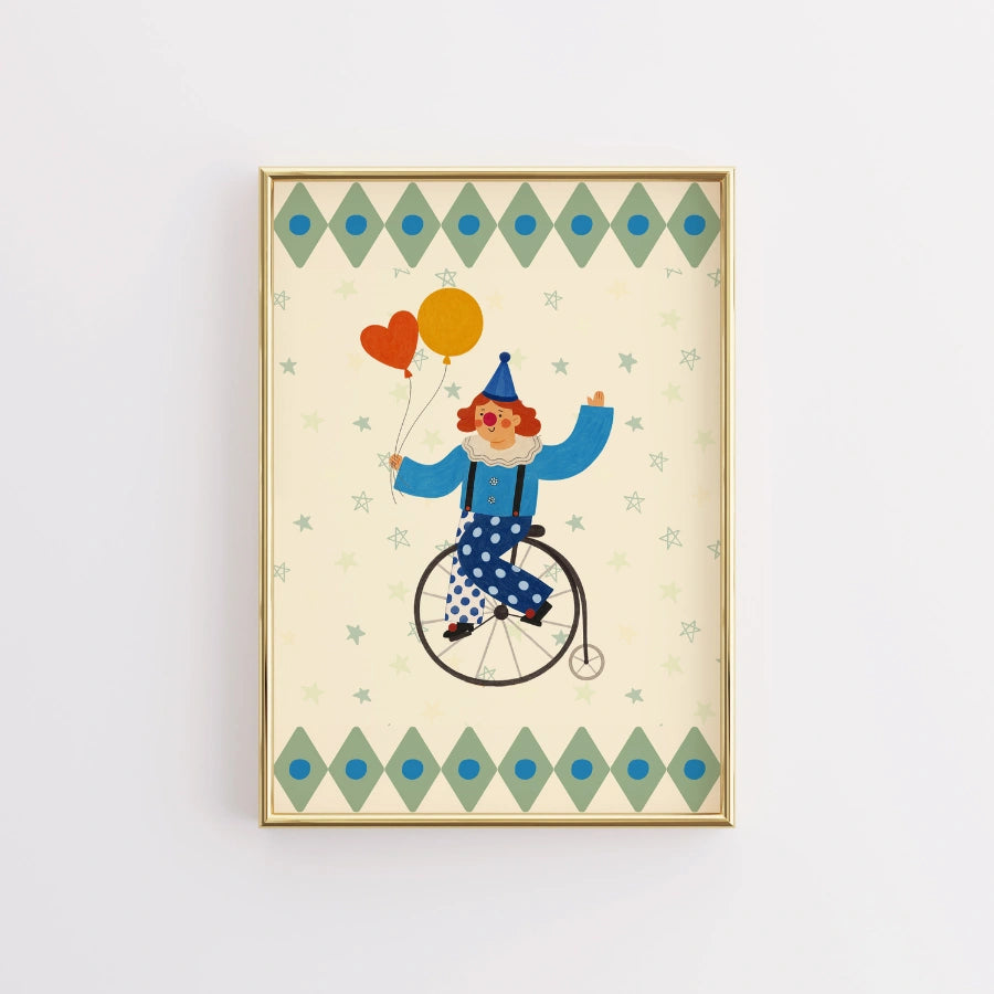 Circus Clown Nursery Print - Unicycle and Balloons Wall Art
