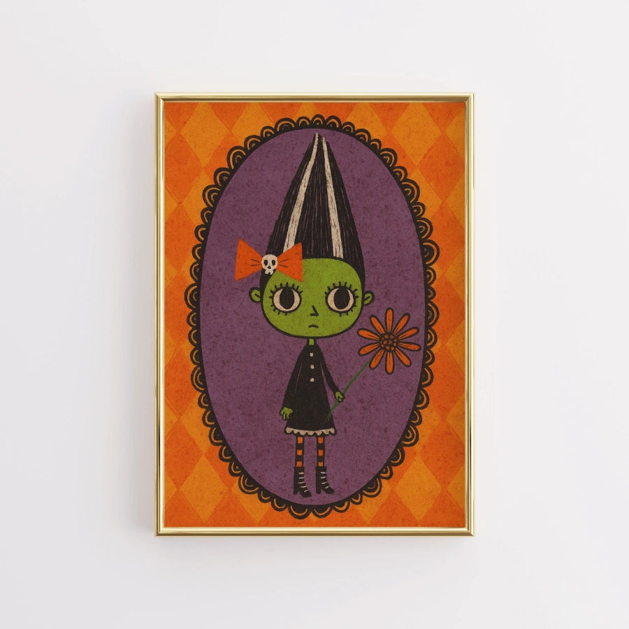 Retro Halloween Girl Print – Cute Frankenstein Wall Art