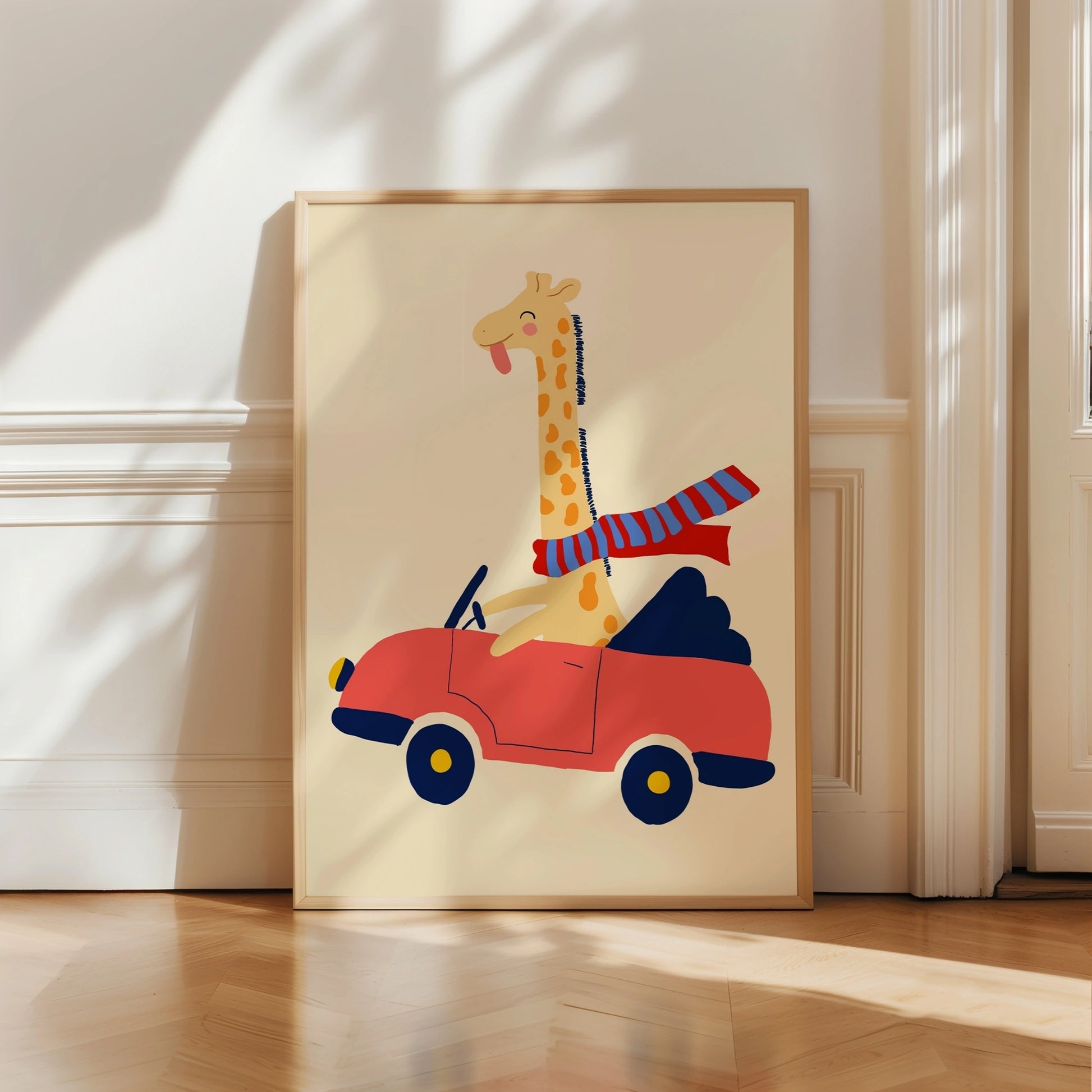 Driving Giraffe Nursery Wall Art – Playful Animal Print for Kids Room