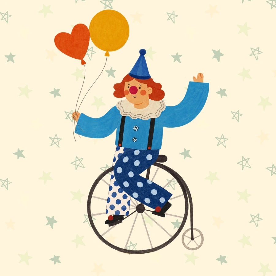 Circus Clown Nursery Print - Unicycle and Balloons Wall Art
