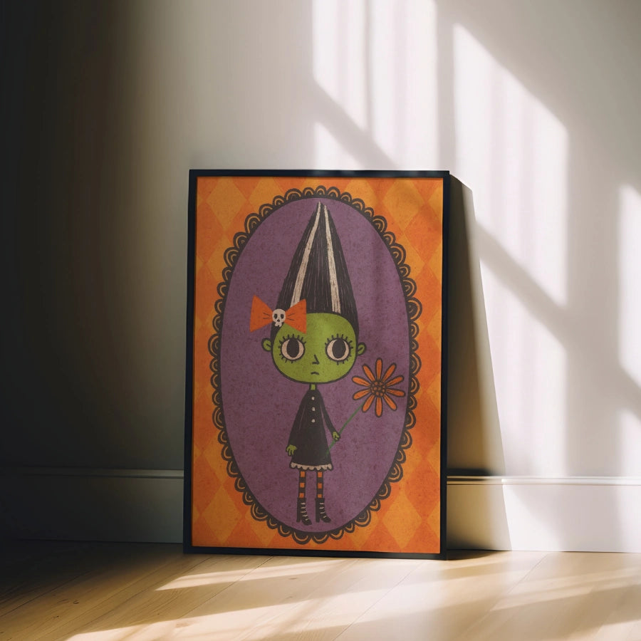 Retro Halloween Girl Print – Cute Frankenstein Wall Art
