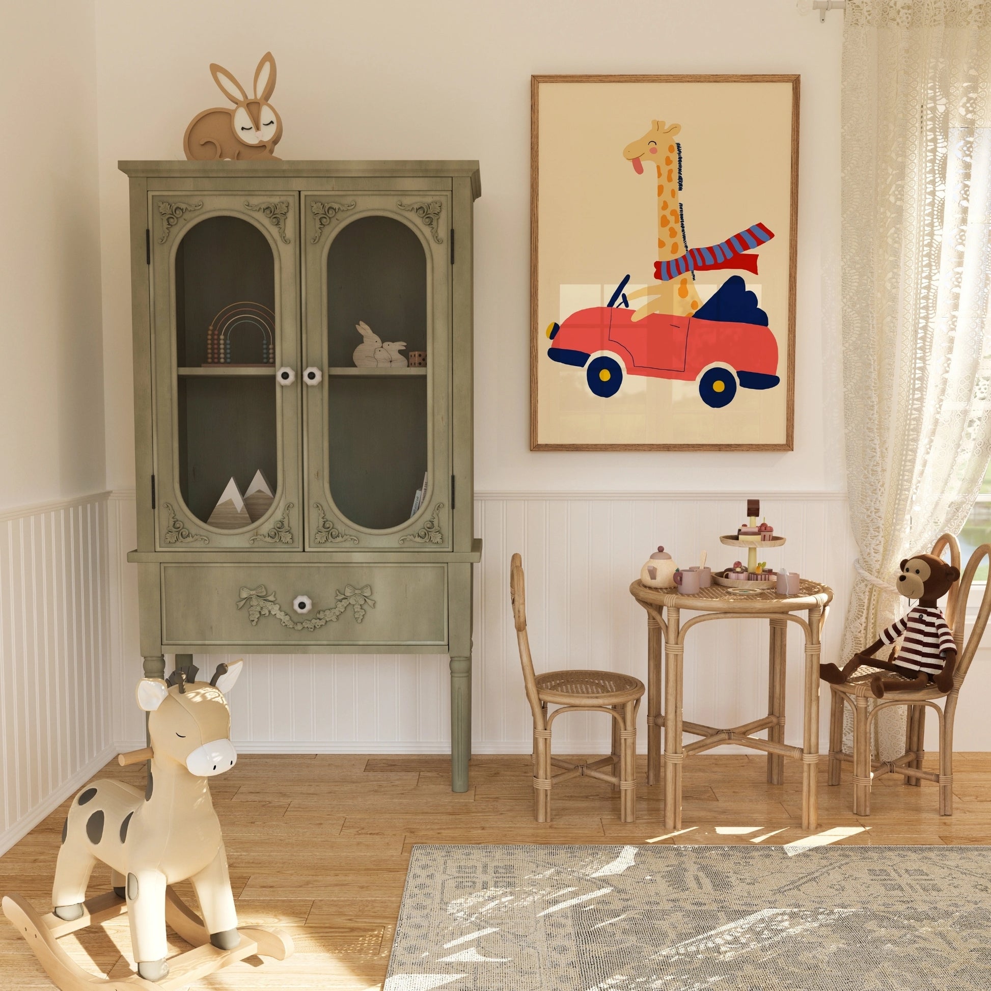Driving Giraffe Nursery Wall Art – Playful Animal Print for Kids Room