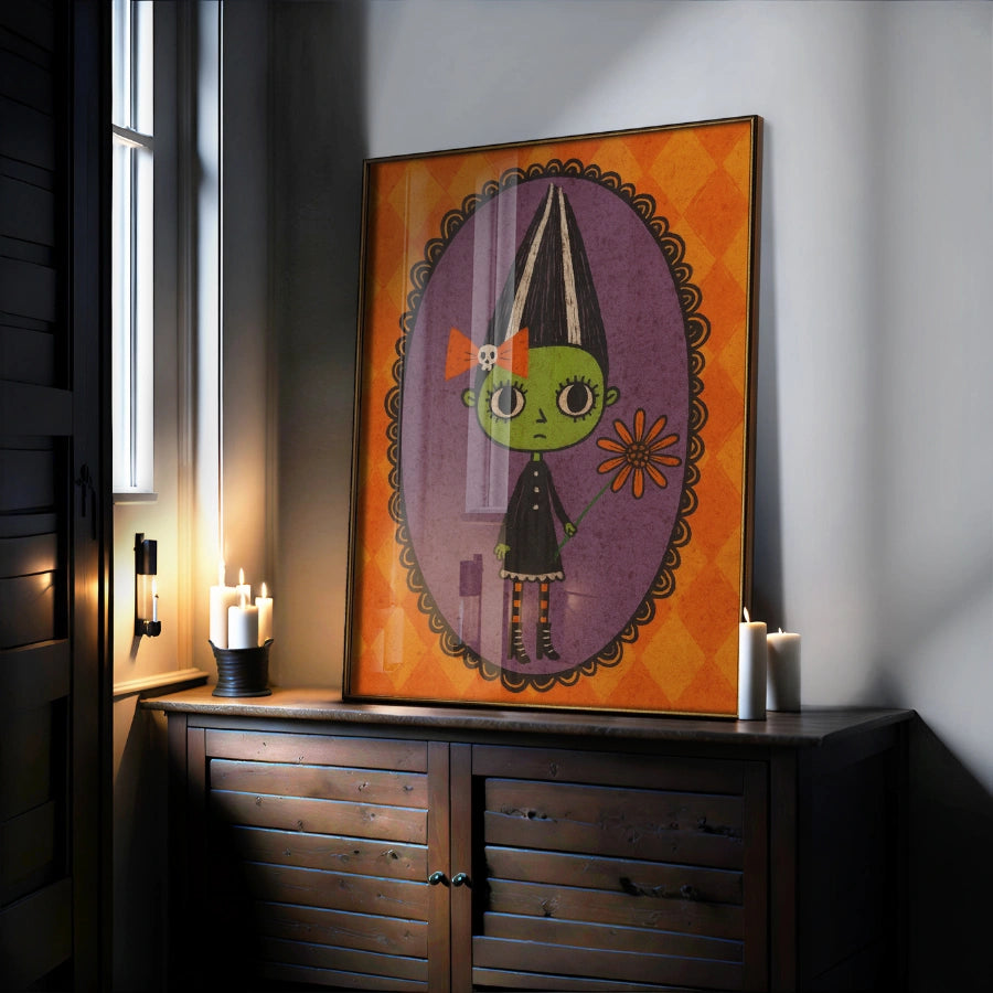 Retro Halloween Girl Print – Cute Frankenstein Wall Art