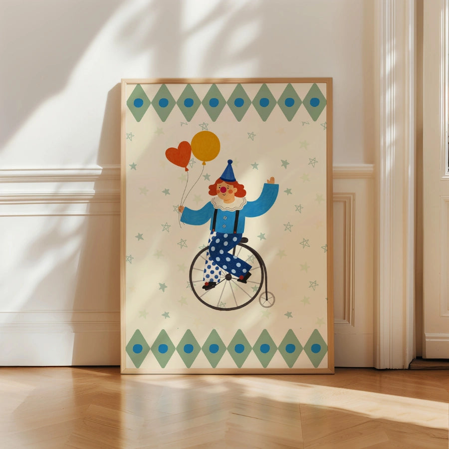 Circus Clown Nursery Print - Unicycle and Balloons Wall Art