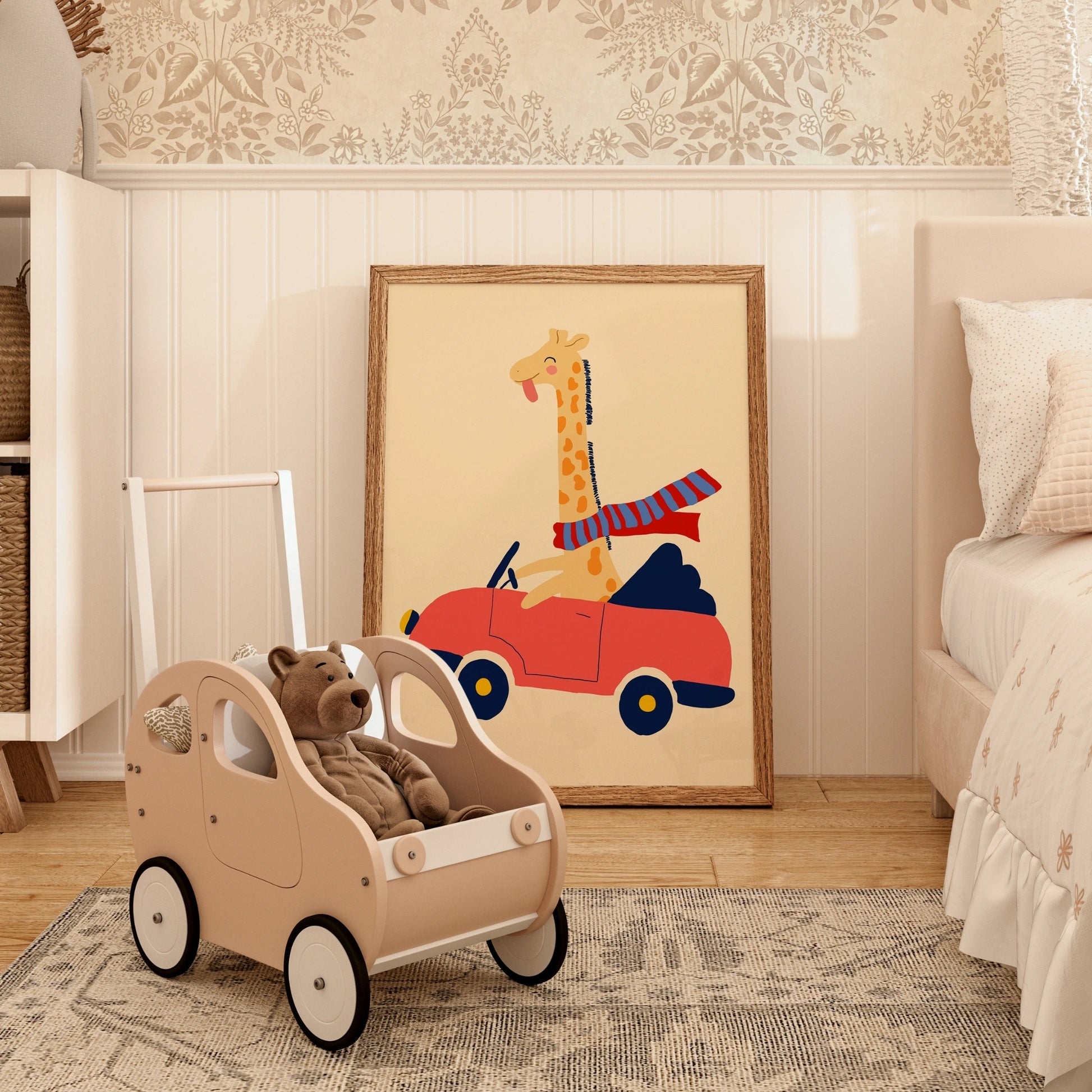 Driving Giraffe Nursery Wall Art – Playful Animal Print for Kids Room
