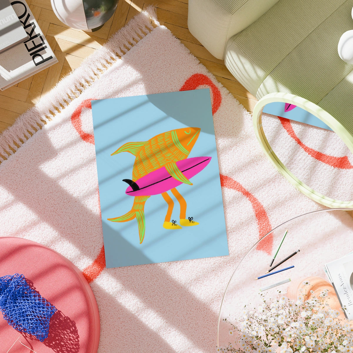 Surfer Fish Wall Art - Funny Coastal Print