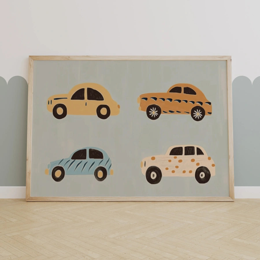 Colorful Cars Nursery Print – Cute Vehicle Wall Art for Boys
