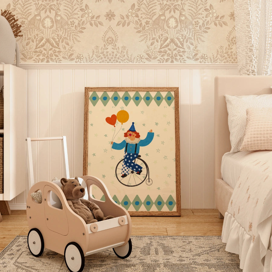 Circus Clown Nursery Print - Unicycle and Balloons Wall Art