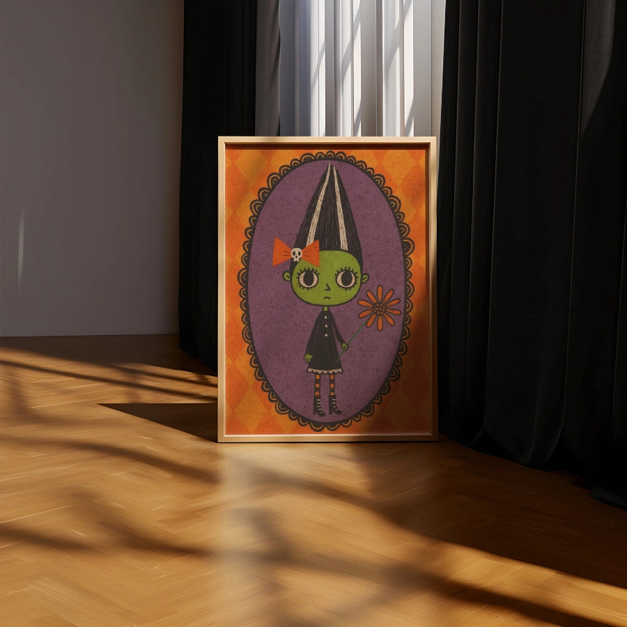 Retro Halloween Girl Print – Cute Frankenstein Wall Art