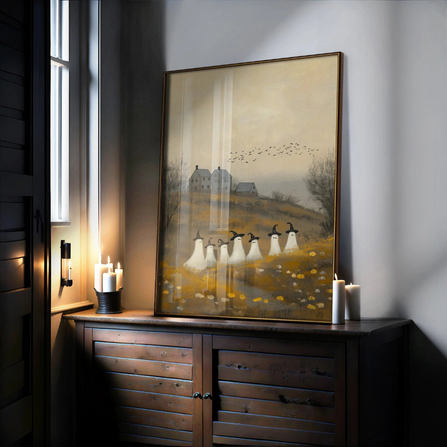 Halloween-Druck „Geisterparade“ – Gruselige Hexengeister im Herbstfeld