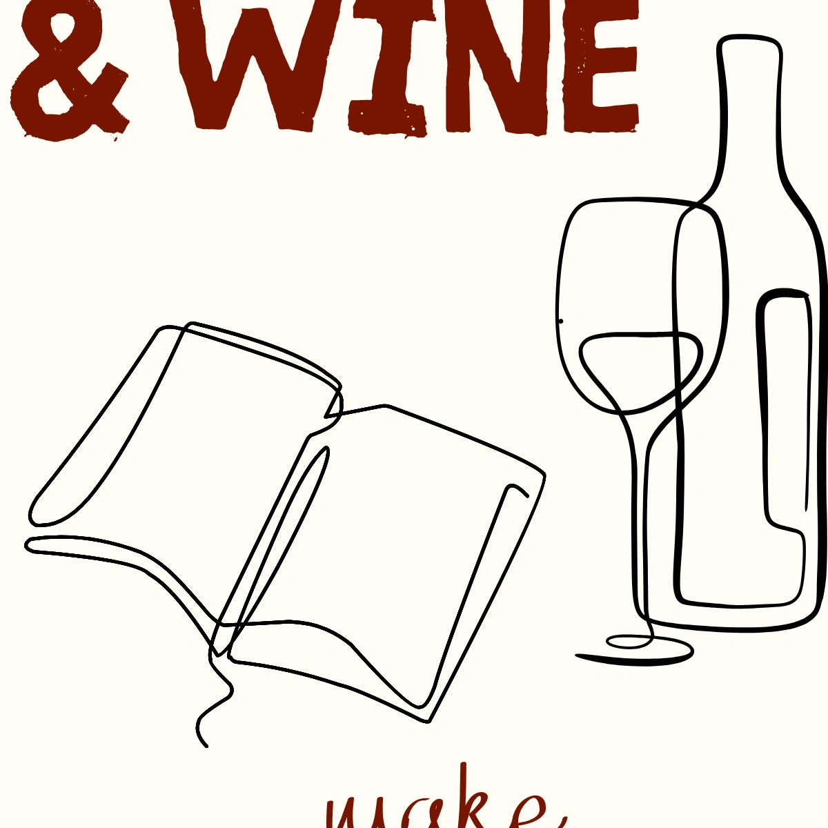 Books & Wine Print – Minimal Line Art Wall Decor for Book Lovers and Wine Enthusiasts
